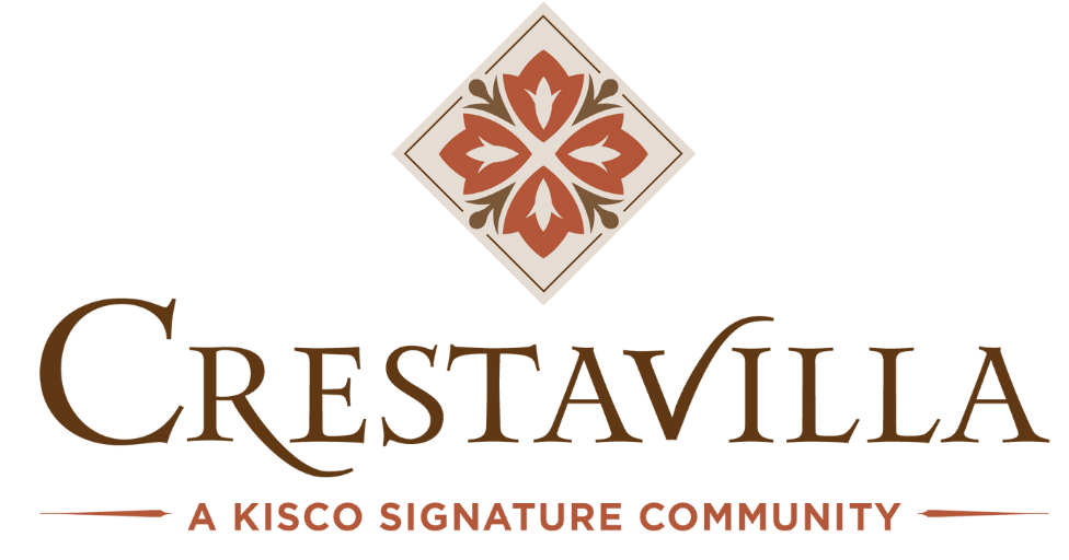 Crestavilla logo, with brown and red text and a floral emblem.